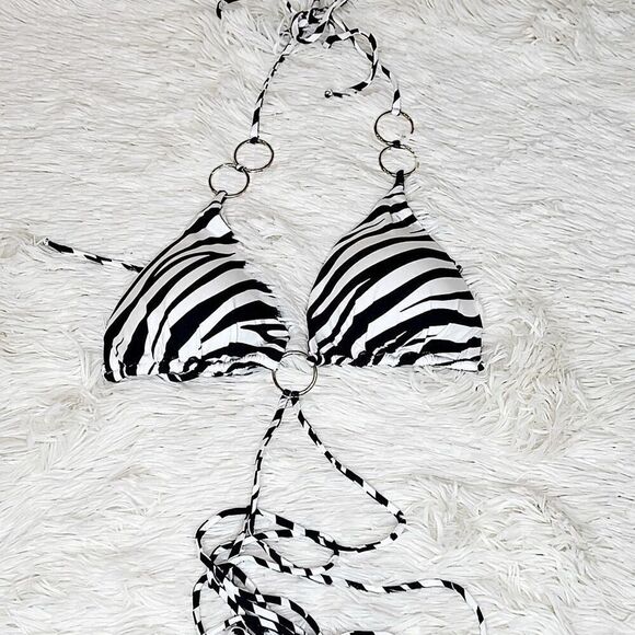 Monica Hansen Beachwear Zebra Print Triangle O-Ring Bikini Top Nwt Girl on Fire - Picture 2 of 7